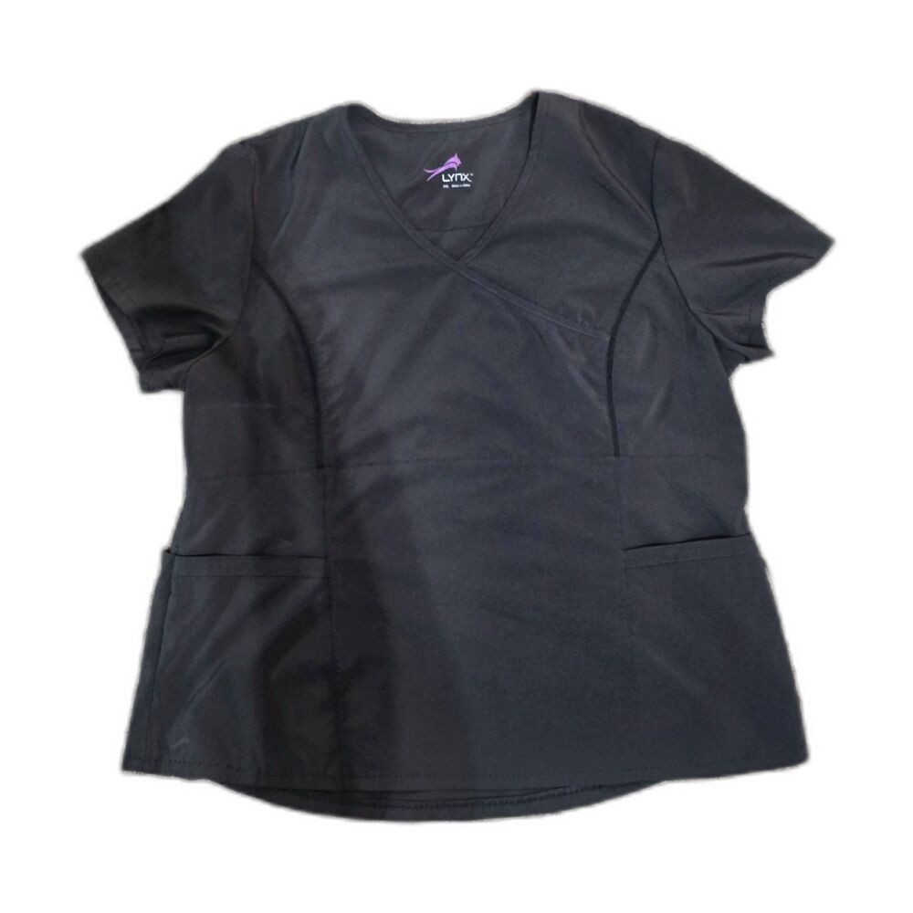 Lynx Scrub Top Womens 2XL Black V-Neck Medical Uniform Shirt